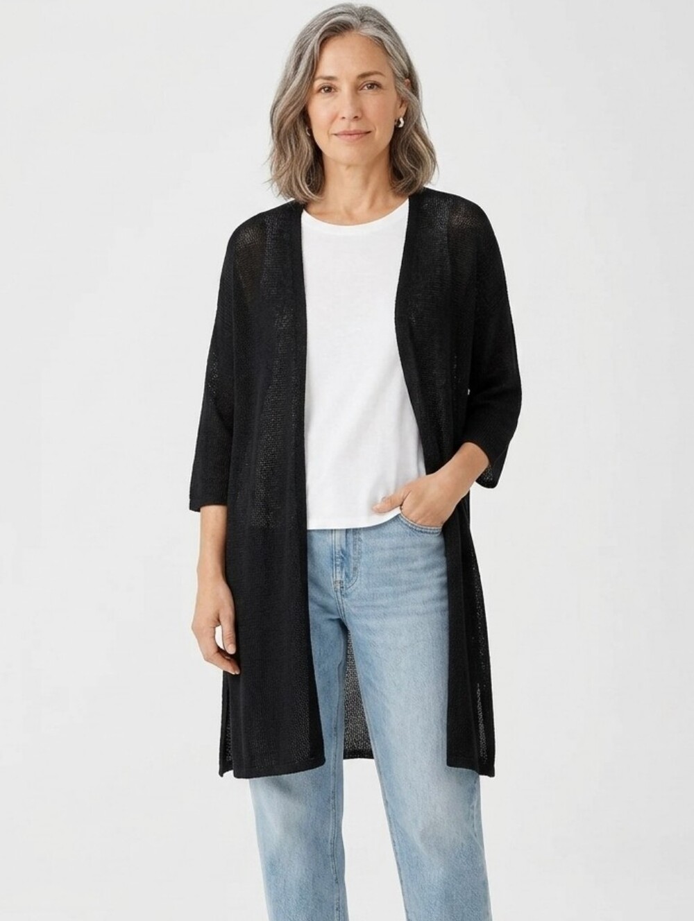 EILEEN FISHER Lightweight Open-Front Knit Cardigan Organic Linen M Black Coastal